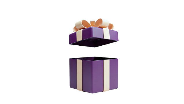 3D Open purple gift box with bow on transparent background