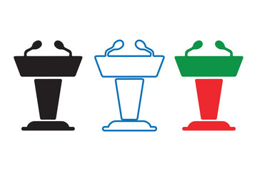 Three podiums with microphones standing in a row on a white background