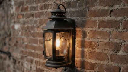 Vintage lantern illuminating a weathered brick wall with warm light.