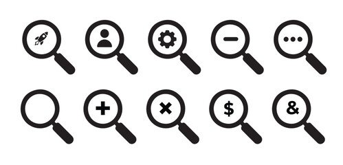 Collection of Simple Black Magnifying Glasses with Various Symbols on a White Background