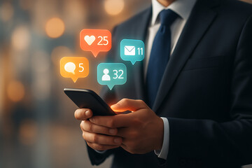 Modern businessman holding smartphone with notification symbols for likes comments followers emails showing social influence technology marketing and connectivity