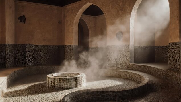 Mystical Hammam Interior with Steam and Stone Architecture.