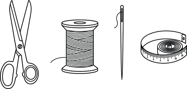 Set of 4 sewing tools outline scissors thread spool needle and tape measure