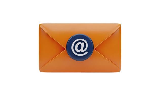 3D Orange email envelope with '@' symbol on transparent background - Powered by Adobe