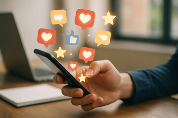 Modern mobile device displaying symbolic holographic icons of likes shares and social interaction illustrating virtual communication era