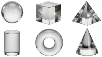 Highly reflective, polished chrome geometric shapes—a sphere, cube, pyramid, cylinder, torus, and cone—are meticulously rendered with a glossy finish and subtle, isolated on transparent background.