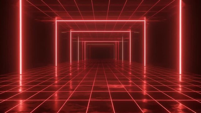 Hyper-realistic 8k render of a dark synthwave corridor. Symmetrical glowing red neon rectangular arches receding into infinity. Reflective grid floor, misty atmosphere.