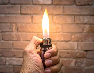 A hand holds a lighter with a flame against a brick wall