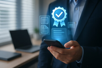 Person presenting holographic tick badge symbolizing verified approval guarantee compliance and assurance in professional business documentation system