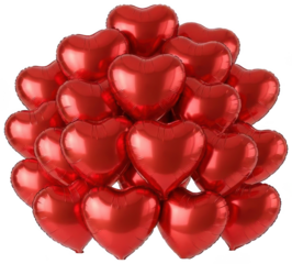 A dense and vibrant cluster of shiny, metallic red heart-shaped foil balloons, intricately arranged in a rounded, overflowing formation, exhibiting a smooth,, isolated on transparent background.