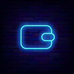 Wallet sign on brick wall. Money saving. Finance concept symbol. Bright flyer. Simple frame. Glowing poster. Editable stroke. Vector stock illustration