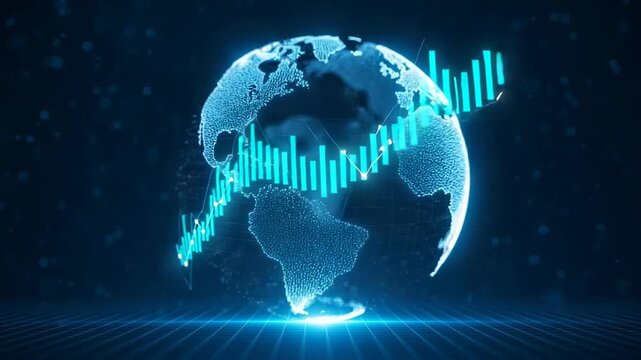 Glowing blue digital globe with graphs and charts on a dark background with futuristic lighting effects