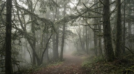 Fototapeta premium Serene Misty Woodland Trail Surrounded by Majestic Moss-Covered Evergreens in a Foggy Forest