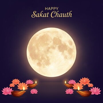Happy sakat chauth celebration with a radiant full moon, traditional diyas, and beautiful lotus flowers