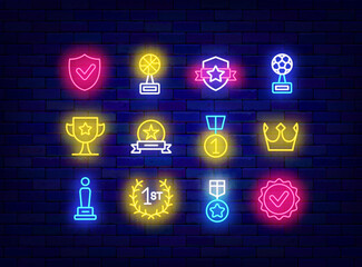 Award neon icons collection. Talent trophy and medal. Winner celebration. First place prize, statue with star. Command competition. Editable stroke. Vector stock illustration
