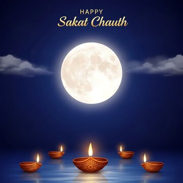 Happy sakat chauth: traditional diyas illuminate the night under a luminous full moon