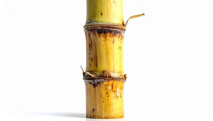 Fresh bamboo stalk segment isolated on white background, natural green and yellow tones, visible nodes and texture, minimal composition, organic botanical detail.