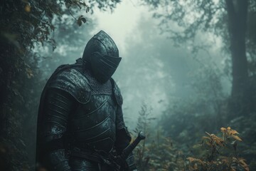 Fototapeta premium Knight in armor standing in a misty forest during early morning light