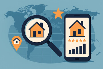 Real estate online mobile search and property ranking concept with global location map background