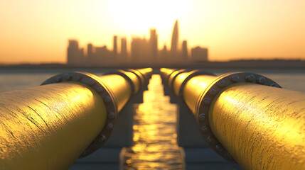 Pipes lead to the city skyline at sunset. Metallic pipes run towards a city in the distance. The sun reflects off the water, creating a golden glow. Infrastructure.