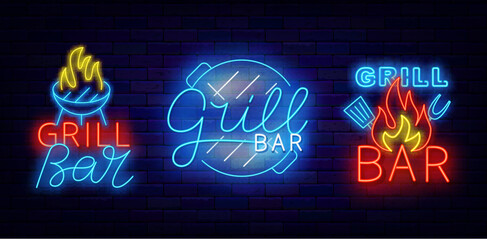 Barbecue party neon emblems collection. Steak house. Shiny pan. Grill bar invitation. Butcher greeting cards. Editable stroke. Vector stock illustration