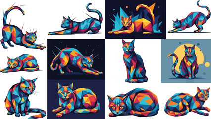 A vibrant collection of geometrically stylized cat illustrations showcasing abstract low-poly designs in various dynamic poses and rich, contrasting colors