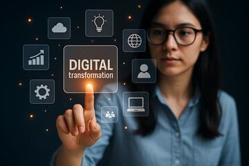 Smart businesswoman touching holographic interface showing digital transformation process technology progress leadership strategy and growth