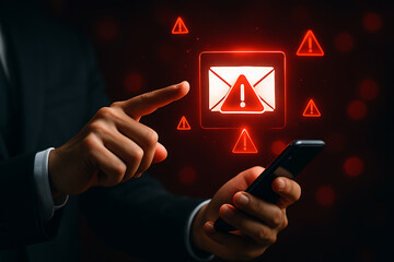 Smartphone user pointing at red holographic email warning symbols representing phishing attack cyber scam online threat detection and security risk management