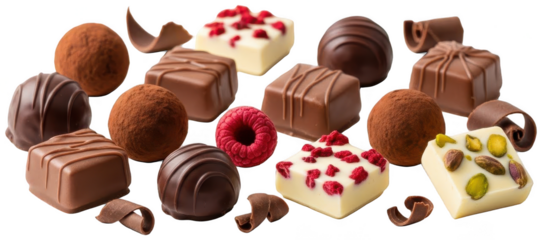 An assortment of exquisitely crafted, decadent dark and white chocolate confections, featuring spherical truffles dusted with cocoa powder, rectangular bars with, isolated on transparent background.