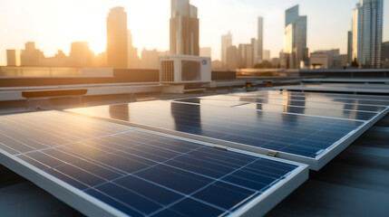 Urban sustainability: rooftop solar panels capture sunlight against a modern city skyline. Renewable energy powering the metropolis, reducing carbon footprint.