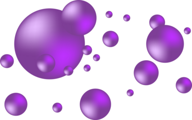 Radiant purple spheres in a cosmic dance against the deep black abyss. Purple fizzy bubbles and collagen drops on white background.