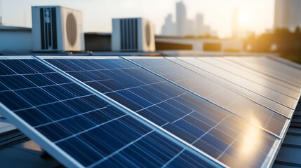 Fototapeta premium Rooftop solar panels gleam as they capture the sun's energy. A smart, eco-friendly solution for a sustainable future, powering our cities. Clean energy revolution.