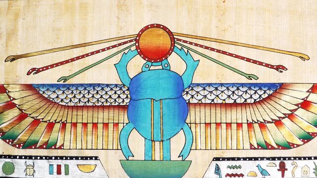 Egyptian scarab beetle with colorful wings holding sun disk on papyrus, ancient symbol, hieroglyphs, traditional art, sacred beetle Khepri, religious iconography, cultural heritage.