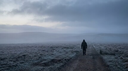 Lone Hiker Exploring a Frosty Moorland Path Under a Moody Overcast Sky During Winter Dawn