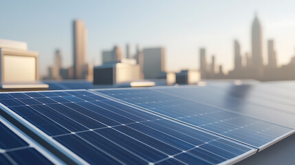 Solar panels stretch across an urban rooftop, offering a clean energy solution against a backdrop of the city's skyline, reflecting sustainable urban growth.