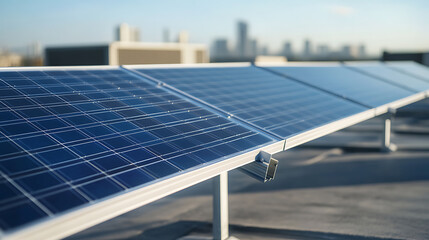 A close-up of solar panels arrayed on a rooftop, the blue rectangles lined up against the backdrop of a blurred city skyline. Renewable energy for a sustainable future.