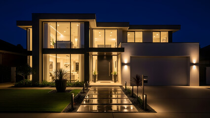 Modern luxury house at night with warm interior lighting
