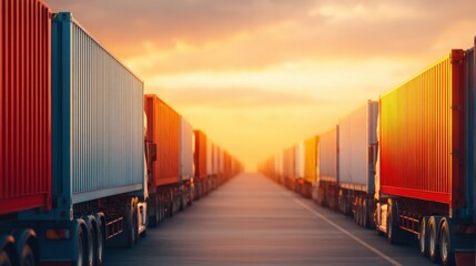 Obraz premium A stunning sunset illuminates a row of colorful shipping containers parked on a vast industrial road, symbolizing trade and logistics.