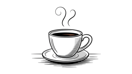 Steaming Coffee Cup in Simple Line Art with Black Ink on White Background for Cafe Menu