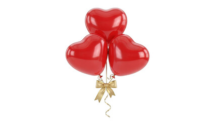 Three red heart balloons with golden ribbon