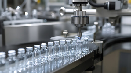 Automated machine fills vials on a conveyor belt in a sterile lab environment. Efficient and precise, this process ensures product quality in pharmaceutical manufacturing.