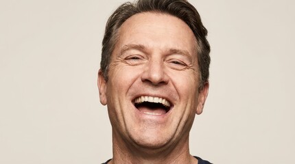 Fototapeta premium Portrait of a Cheerful Middle Aged Man with a Bright Big Smile and Heartfelt Laughter Close Up