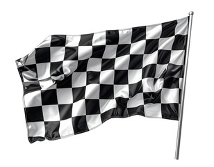 A waving checkered flag with a metallic pole, a symbol often used at race finish lines