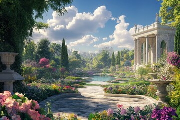 Obraz premium Vibrant garden landscape with classic architecture under a bright blue sky