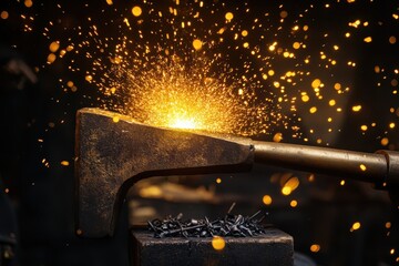 Crafting iron with a hammer sparks a brilliant display in a traditional forge setting