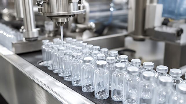Automated filling process in a sterile manufacturing plant. Rows of glass vials moving along conveyor belt being filled with precision machinery. Modern medicine production.