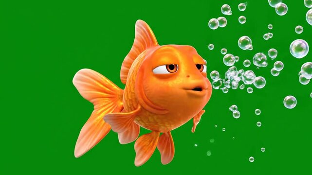 Expressive Animated Goldfish Blowing Bubbles on Green Screen Background