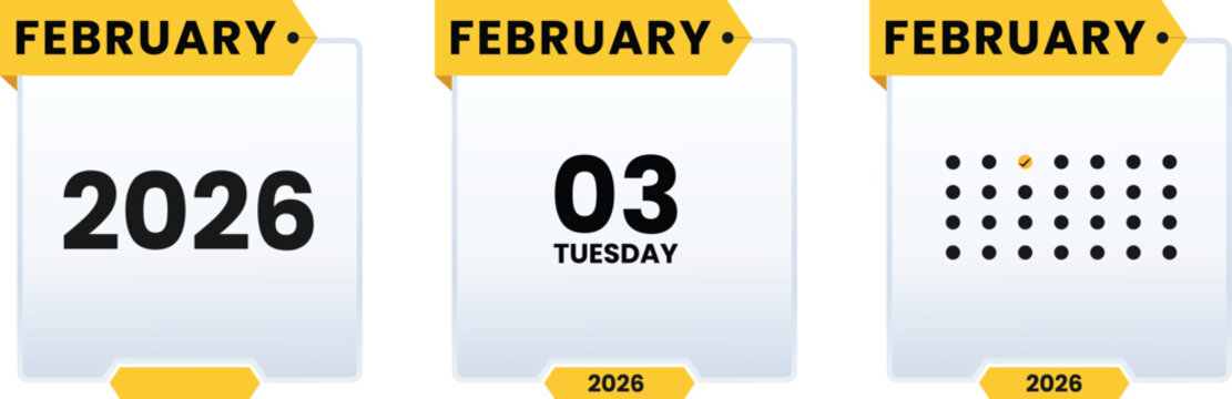 February 3 Tuesday 2026 calendar icon set vector illustrator. Checklist day calendar. Schedule date, appointment, month, week, agenda, Containing, organization and event Editable line icons.