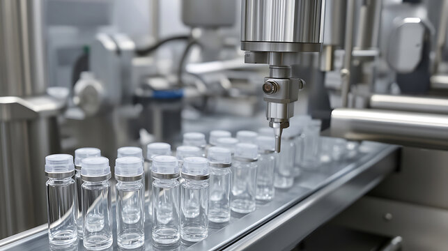Pharmaceutical manufacturing line with vials being filled by automated robotic machinery. Precision and sterile conditions are essential for pharmaceutical production.