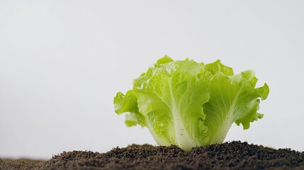 A fresh green lettuce plant growing in dark soil. The leaves are crisp and vibrant, showcasing healthy growth in a natural setting.
